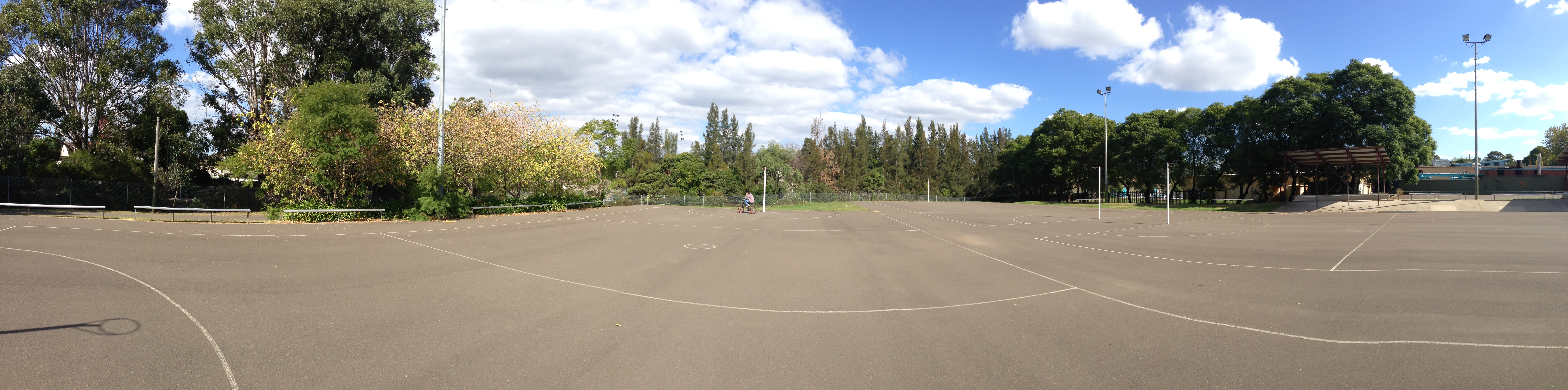 A panoramic view. House under threat of council aquirement on left, under question netball courts, railway behind trees in front, and Aquatic centre on right... very conveniently placed