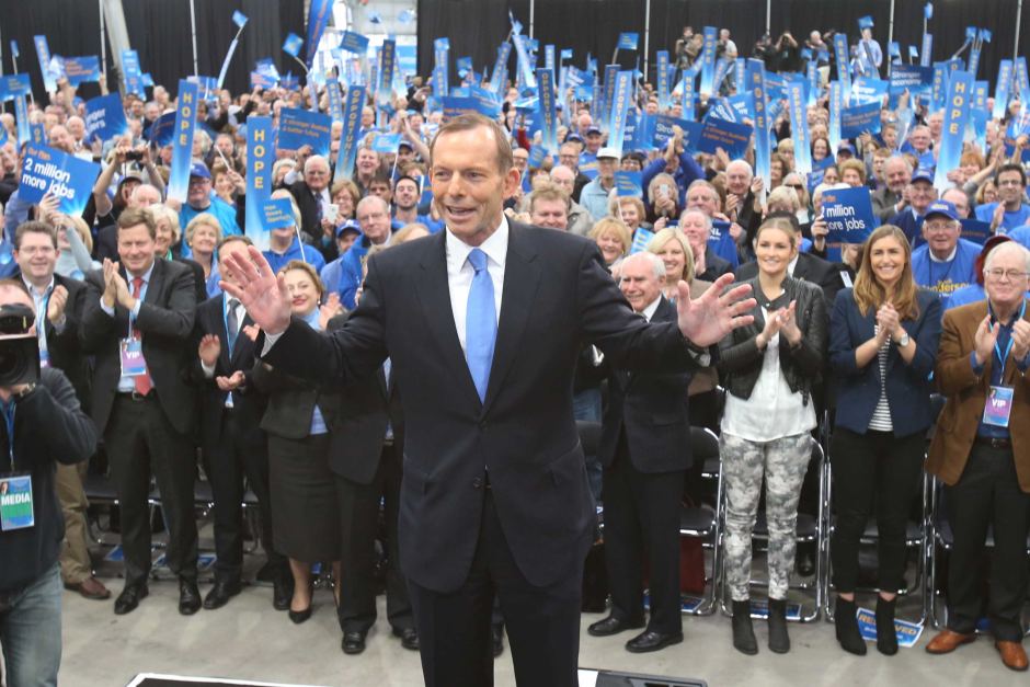 Tony Abbott signals his intentions at his campaign launch by turning his back on his supporters