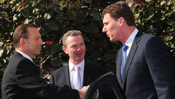 Bernardi warns Abbott about gay men and bestiality with an amused onlooker