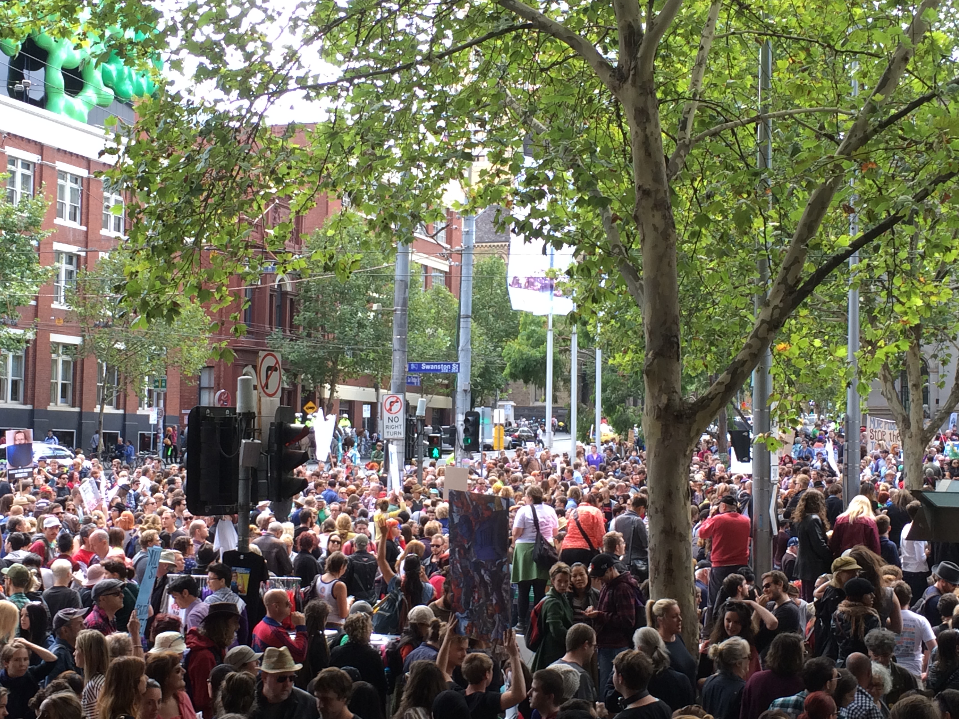 An apparently insignificant number of people gather in Melbourne