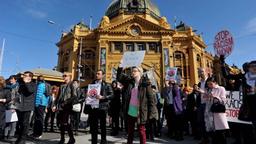 Crowds protesting the Border Force invasion of Melbourne city