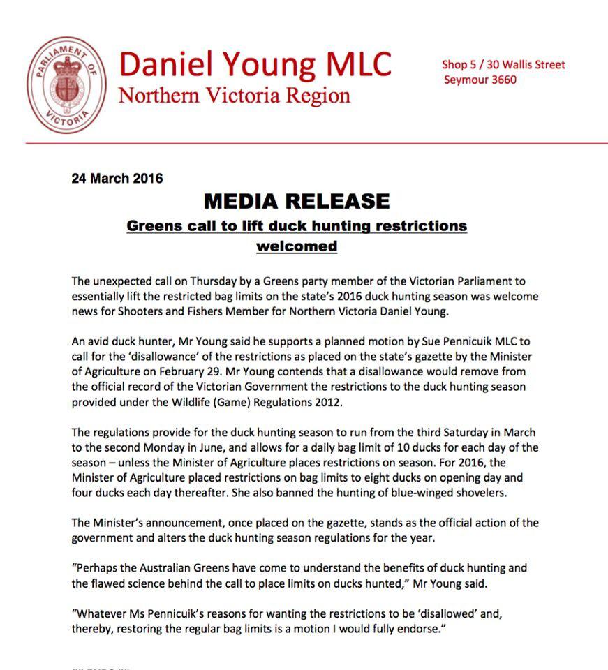 The Shooters & Fishers response to the Greens notice of motion